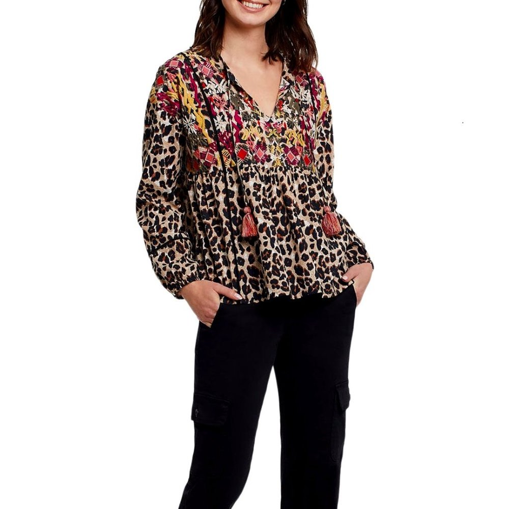 Tribal Leopard Print Top w/Embroidery
